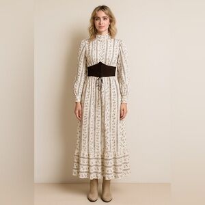 Jodeen Original Ann Tresnak Vintage Prairie Ruffle Neck Corset Waist Midi Dress